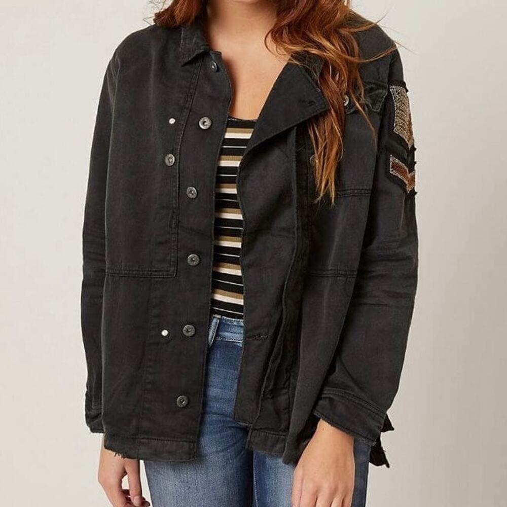 Free People Military Shirt Jacket S Embellished Raw Hem Utility Button Up Boho